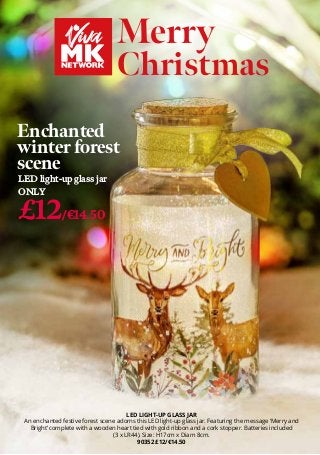 LED LIGHT-UP GLASS JAR
An enchanted festive forest scene adorns this LED light-up glass jar. Featuring the message ‘Merry and
Bright’ complete with a wooden heart tied with gold ribbon and a cork stopper. Batteries included
(3 x LR44). Size: H17cm x Diam 8cm.
90352 £12/€14.50
Merry
Christmas
Enchanted
winter forest
scene
LED light-up glass jar
ONLY
£12/€14.50
 