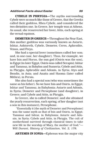 55
CYBELE IN PHRYGIA—The myths surrounding
Cybele were so much like those of Greece, that the Greeks
called their goddess, Rhea Cybele, and considered the
two divinities one. In Greece, her temple was at Athens.
As usual, she resurrected her lover, Attis, each spring at
the vernal equinox.
DEMETER IN GREECE—Throughout the Near East,
this mother goddess was variously known as Astarte,
Ishtar, Ashtoreth, Cybele, Demeter, Ceres, Aphrodite,
Venus, and Freya.
She had a special lover (sometimes called her son;
and, in one case, her daughter). Thus, for example, we
have Isis and Horus, the sun god (Osiris was the son),
in Egypt (in later Egypt, Osiris was called Serapis); Ishtar
and Tammuz, in Babylon and Sumeria; Cybele and Attis,
in Phrygia; Aphrodite and Adonis, in Syria; Atys and
Bendis, in Asia; and Anaita and Haoma (later called
Mithra), in Persia.
She also had a special son (who was sometimes the
same as his father). So we have Isis and Osiris, in Egypt;
Ishtar and Tammuz, in Babylonia; Astarte and Adonis,
in Syria; Demeter and Persephone (and daughter), in
Greece; and Cybele and Attis, in Phrygia.
In Greece, she is called Demeter; and she obtained
the yearly resurrection, each spring, of her daugher (not
a son in this instance), Persephone.
“Essentially it [the myth of Demeter and Persephone]
was the same myth as that of Isis and Osiris, in Egypt;
Tammuz and Ishtar, in Babylonia; Astarte and Ado-
nis, in Syria; Cybele and Attis, in Phrygia. The cult of
motherhood survived through classical times to take
new life in the worship of Mary, the mother of God.”—
Will Durant, History of Civilization, Vol. 2, 178.
ARTEMIS IN IONIA—Ephesus was the major city
Additional Facts about Easter
 