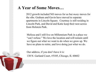 A Year of Some Moves
   2012 growth included NO moves for us but many moves for
   the sibs. Graham and Gavin have moved to separate
   apartments in Lincoln Square. Courtney is still residing in
   Lincoln Park, and David and Katie keep their nest across
   from Holstein Park.

    Melissa and I still live on Millennium Park in a place we
    cant refuse. We love the location and will remain until
    we figure out what we want to do when we grow up. We
    have no plans to retire, and love doing just what we do.

    Our address, if you dont have it is:
    130 N. Garland Court, #5105, Chicago, IL 60602
 
