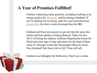 A Year of Promises Fulfilled!
    Graham is pursuing many passions, including working as an
    energy analyst for eZing Inc. and becoming a landlord. If
    youre looking for an energy audit for your home/business
    contact him, his firm is more thorough than the IRS.

    Graham and Nicol are anxious to get out into the snow this
    winter and have plenty of skiing planned, Tahoe for one.
    2013 will bring the arduous Architect Registration Exam for
    Nicol and some type of epic adventure for the both of them
    when its through. Canoe the Mississippi? Bicycle across
    New Zealand? Sail from Cali to Fiji? Time will tell.

    Graham was Gallagher for Halloween. Nicol was a mime.
 
