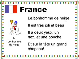 France
Le bonhomme de neige

Il est très joli et beau

le
bonhomme
de neige

Il a deux yeux, un
nez, et une bouche
Et sur la tête un grand
chapeau!

 