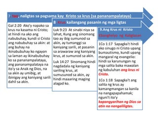 7. tao, naligtas sa pagsama kay Kristo sa krus (sa pananampalataya)
Gal 2:20 Ako'y napako sa
krus na kasama ni Cristo;
at hindi na ako ang
nabubuhay, kundi si Cristo
ang nabubuhay sa akin: at
ang buhay na
ikinabubuhay ko ngayon
sa laman ay ikinabubuhay
ko sa pananampalataya,
ang pananampalataya na
ito'y sa Anak ng Dios, na
sa akin ay umibig, at
ibinigay ang kaniyang sarili
dahil sa akin.
8. Krus kailangang pasanin ng mga ligtas
Luk 9:23 At sinabi niya sa
lahat, Kung ang sinomang
tao ay ibig sumunod sa
akin, ay tumanggi sa
kaniyang sarili, at pasanin
sa arawaraw ang kaniyang
krus, at sumunod sa akin.
Luk 14:27 Sinomang hindi
nagdadala ng kaniyang
sariling krus, at
sumusunod sa akin, ay
hindi maaaring maging
alagad ko.
9.Ang Krus ni Kristo
Ebanghelyo ng Kaligtasan
1Co 1:17 Sapagka't hindi
ako sinugo ni Cristo upang
bumautismo, kundi upang
mangaral ng evangelio:
hindi sa karunungan ng
mga salita baka mawalan
ng kabuluhan ang krus ni
Cristo.
1Co 1:18 Sapagka't ang
salita ng krus ay
kamangmangan sa kanila
na nangapapahamak;
nguni't ito'y
kapangyarihan ng Dios sa
atin na nangaliligtas.
 