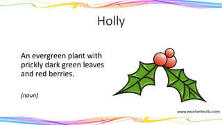 Holly
An evergreen plant with
prickly dark green leaves
and red berries.
(noun)
 