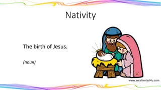 Nativity
The birth of Jesus.
(noun)
 
