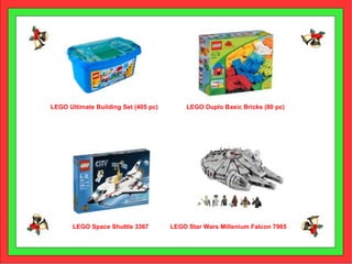 LEGO Duplo Basic Bricks (80 pc) LEGO Ultimate Building Set (405 pc) LEGO Space Shuttle 3367 LEGO Star Wars Millenium Falcon 7965 