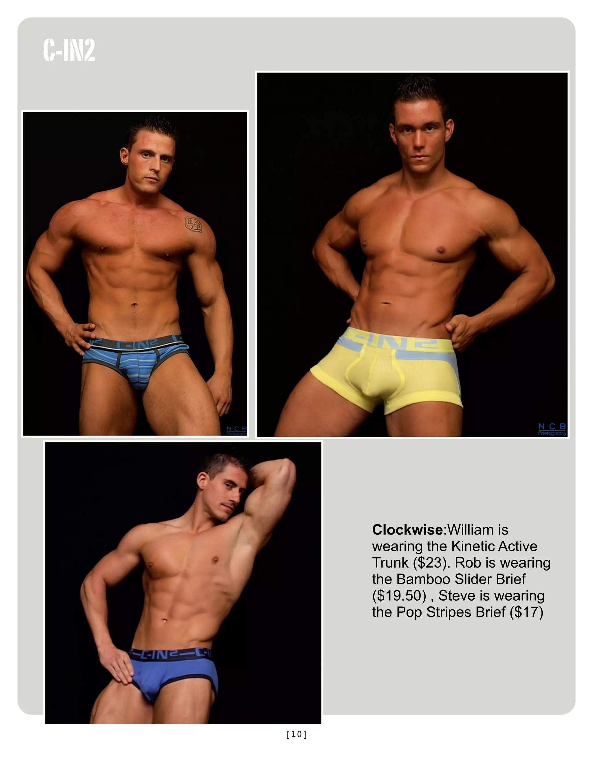C-IN2




               Clockwise:William is
               wearing the Kinetic Active
               Trunk ($23). Rob is wearing
               the Bamboo Slider Brief
               ($19.50) , Steve is wearing
               the Pop Stripes Brief ($17)




        [10]
 