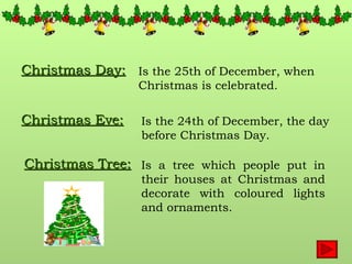 Christmas Day: Is the 25th of December, when Christmas is celebrated.  Christmas Tree: Is a tree which people put in their houses at Christmas and decorate with coloured lights and ornaments. Christmas Eve: Is the 24th of December, the day before Christmas Day.  
