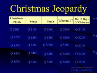Christmas Jeopardy Christmas  Plants Songs Santa Who am I? The 12 Days Of Christmas Q $100 Q $200 Q $300 Q $400 Q $500 Q $100 Q $100 Q $100 Q $100 Q $200 Q $200 Q $200 Q $200 Q $300 Q $300 Q $300 Q $300 Q $400 Q $400 Q $400 Q $400 Q $500 Q $500 Q $500 Q $500 Final Jeopardy 