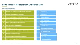 Page 1
Parts Product Management Christmas Quiz
Title of the Presentation . Month 20XX . first Name / last Name
Find the right match
What do you get if you cross Santa with a Detective?
What do monkeys sing at Christmas?
What kind of people are afraid of Santa Claus?
What do you call Santa when he has no money?
Where do Snow-Women like to dance?
What goes Oh! Oh! Oh! ?
Why was Santa’s elf depressed?
What would a vampire snowman give you?
What did Adam say the day before Christmas?
What do elves learn in school
Why is Santa so good at karate?
Santa Clues
Jungle bells
Claus-trophobics
Saint Nickel-less
At Snow-balls
Santa walking backwards
Low ‘elf-esteem
Frost-bite
It’s Christmas, Eve
The elf-abet
He has a black belt
1
2
3
4
5
7
6
10
8
9
11
g
j
e
f
c
k
h
i
b
a
d
 