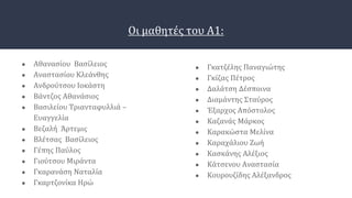 Οι μαθητές του Α1:
● Αθανασίου Βασίλειος
● Αναστασίου Κλεάνθης
● Ανδρούτσου Ιοκάστη
● Βάντζος Αθανάσιος
● Βασιλείου Τριανταφυλλιά –
Ευαγγελία
● Βεζαλή Άρτεμις
● Βλέτσας Βασίλειος
● Γέπης Παύλος
● Γιούτσου Μιράντα
● Γκαρανάση Ναταλία
● Γκαρτζονίκα Ηρώ
● Γκατζέλης Παναγιώτης
● Γκίζας Πέτρος
● Δαλάτση Δέσποινα
● Διαμάντης Σταύρος
● Έξαρχος Απόστολος
● Καζανάς Μάρκος
● Καρακώστα Μελίνα
● Καραχάλιου Ζωή
● Κασκάνης Αλέξιος
● Κάτσενου Αναστασία
● Κουρουζίδης Αλέξανδρος
 