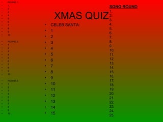 XMAS QUIZ
• ROUND 1:
• 1.
• 2
• 3
• 4
• 5
• 6
• 7
• 8
• 9
• 10
• ROUND 2:
• 1
• 2
• 3
• 4
• 5
• 6
• 7
• 8
• 9
• 10
• ROUND 3:
• 1
• 2
• 3
• 4
• 5
• 6
• 7
• 8
• 9
• 10
• CELEB SANTA:
• 1
• 2
• 3
• 4
• 5
• 6
• 7
• 8
• 9
• 10
• 11
• 12
• 13
• 14
• 15
SONG ROUND
1.
2.
3.
4.
5.
6.
7.
8.
9.
10.
11.
12.
13.
14.
15.
16.
17.
18.
19.
20.
21.
22.
23.
24.
25.
 