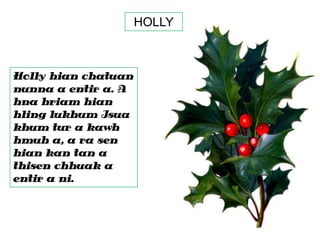 HOLLY

Holly hian chatuan
nunna a entir a. A
hna hriam hian
hling lukhum Isua
khum tur a kawh
hmuh a, a ra sen
hian kan tan a
thisen chhuak a
entir a ni.

 