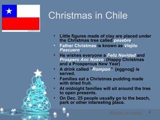 06/09/14 4
Christmas in Chile
• Little figures made of clay are placed under
the Christmas tree called pesebre.
• Father Christmas is known as Viejito
Pascuero.
• He wishes everyone a Feliz Navidad and
Prospero Anc Nuevo. (Happy Christmas
and a Prosperous New Year)
• A drink called “Rompon” {eggnog} is
served.
• Families eat a Christmas pudding made
with dried fruit.
• At midnight families will sit around the tree
to open presents.
• On Dec. 25 people usually go to the beach,
park or other interesting place.
Return to Index
 