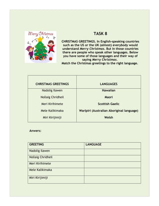 TASK 8
CHRISTMAS GREETINGS. In English-speaking countries
such as the US or the UK (almost) everybody would
understand Merry Christmas. But in those countries
there are people who speak other languages. Below
you have some of those languages and their way of
saying Merry Christmas.
Match the Christmas greetings to the right language.
CHRISTMAS GREETINGS LANGUAGES
Nadolig Ilawen
Nollaig Chridheil
Meri Kirihimete
Mele Kalikimaka
Miri Kirijimiji
Hawaiian
Maori
Scottish Gaelic
Warlpiri (Australian Aboriginal language)
Welsh
Anwers:
GREETING LANGUAGE
Nadolig Ilawen
Nollaig Chridheil
Meri Kirihimete
Mele Kalikimaka
Miri Kirijimiji
 