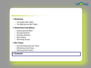 OVERVIEW
  – THE VISIBLE RAT’S NEST
  – THE OBFUSCATED RAT’S NEST
INFRASTRUCTURE SMELLS
  –   CONFIGURATION DRIFT
  –   SYSTEMS ENTROPY
  –   STAFFING ATROPHY
  –   GOLD IMAGE
  –   SOFTWARE STACKS
KEY TOOLS
  – SYSTEM CONFIGURATION TOOLS
  – OS INSTALLATION TOOLS
  – VIRTUALIZATION TOOLS
SUMMARY
 