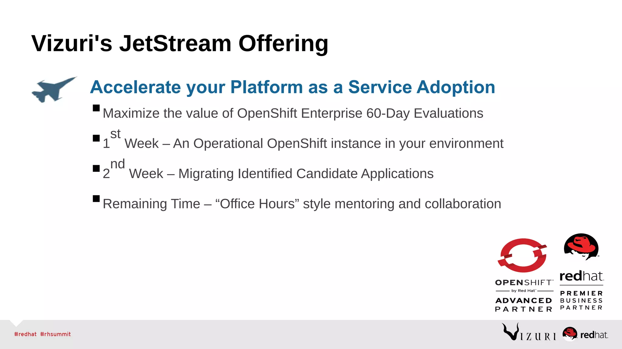 Maximize the value of OpenShift Enterprise 60-Day Evaluations
1
st
Week – An Operational OpenShift instance in your environment
2
nd
Week – Migrating Identified Candidate Applications
Remaining Time – “Office Hours” style mentoring and collaboration
Accelerate your Platform as a Service Adoption
Vizuri's JetStream Offering
 