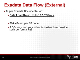 © 2015 Pythian – Presentation for DOAG
Exadata Data Flow (External)
25
• As per Exadata Documentation:
• Data Load Rate: Up to 10.5 TB/hour
• 764 MB/sec per DB node
• 3 GB/sec – can your other infrastructure provide
such performance?
 