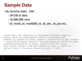 © 2015 Pythian – Presentation for DOAG
Sample Data
27
• My favorite table – CKK
• 39 GiB of data
• 10,000,000 rows
• id, mod5_id, mod5000_id, dt_dec, dt_pos etc.
create table ckk /*parallel 8 */nologging tablespace ckbig as
select rownum id, mod(rownum,5) mod5_id, mod(rownum,5000)
mod5000_id, sysdate dt_fixed, sysdate - rownum/24/60 dt_dec, sysdate
+ rownum/24/60 dt_pos, sysdate + ora_hash(rownum,65,535)/24 dt_rand,
sysdate+mod(rownum,10) dt_mod10, rpad('x',3500,'x') filler
from (select rownum r from dual connect by level <= 10000) r1,
(select rownum r from dual connect by level <= 1000)
;
 