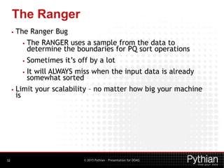 © 2015 Pythian – Presentation for DOAG
The Ranger
32
• The Ranger Bug
• The RANGER uses a sample from the data to
determine the boundaries for PQ sort operations
• Sometimes it’s off by a lot
• It will ALWAYS miss when the input data is already
somewhat sorted
• Limit your scalability – no matter how big your machine
is
 