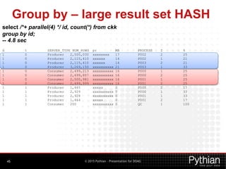 © 2015 Pythian – Presentation for DOAG
select /*+ parallel(4) */ id, count(*) from ckk
group by id;
-- 4.8 sec
Group by – large result set HASH
45
d t SERVER_TYPE NUM_ROWS pr MB PROCESS I %
1 0 Producer 2,500,030 xxxxxxxx 17 P002 2 25
1 0 Producer 2,115,410 xxxxxx 14 P002 1 21
1 0 Producer 2,115,410 xxxxxx 14 P003 2 21
1 0 Producer 3,269,150 xxxxxxxxxx 21 P003 1 33
1 0 Consumer 2,499,213 xxxxxxxxxx 16 P000 1 25
1 0 Consumer 2,499,807 xxxxxxxxxx 16 P000 2 25
1 0 Consumer 2,500,981 xxxxxxxxxx 16 P001 1 25
1 0 Consumer 2,499,999 xxxxxxxxxx 16 P001 2 25
1 1 Producer 1,465 xxxxx 0 P000 2 17
1 1 Producer 2,929 xxxxxxxxxx 0 P000 1 33
1 1 Producer 2,928 xxxxxxxxxx 0 P001 1 33
1 1 Producer 1,464 xxxxx 0 P001 2 17
1 1 Consumer 200 xxxxxxxxxx 0 QC 1 100
 