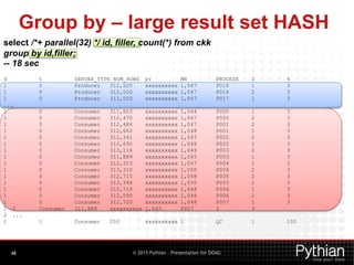 © 2015 Pythian – Presentation for DOAG
Group by – large result set HASH
48
d t SERVER_TYPE NUM_ROWS pr MB PROCESS I %
1 0 Producer 312,520 xxxxxxxxxx 1,047 P016 1 3
1 0 Producer 312,520 xxxxxxxxxx 1,047 P016 2 3
1 0 Producer 312,520 xxxxxxxxxx 1,047 P017 1 3
...
1 0 Consumer 311,603 xxxxxxxxxx 1,044 P000 1 3
1 0 Consumer 312,470 xxxxxxxxxx 1,047 P000 2 3
1 0 Consumer 312,484 xxxxxxxxxx 1,047 P001 2 3
1 0 Consumer 312,662 xxxxxxxxxx 1,048 P001 1 3
1 0 Consumer 312,341 xxxxxxxxxx 1,047 P002 2 3
1 0 Consumer 312,692 xxxxxxxxxx 1,048 P002 1 3
1 0 Consumer 313,114 xxxxxxxxxx 1,049 P003 2 3
1 0 Consumer 311,889 xxxxxxxxxx 1,045 P003 1 3
1 0 Consumer 312,323 xxxxxxxxxx 1,047 P004 1 3
1 0 Consumer 313,310 xxxxxxxxxx 1,050 P004 2 3
1 0 Consumer 312,715 xxxxxxxxxx 1,048 P005 2 3
1 0 Consumer 313,394 xxxxxxxxxx 1,050 P005 1 3
1 0 Consumer 312,718 xxxxxxxxxx 1,048 P006 1 3
1 0 Consumer 312,090 xxxxxxxxxx 1,046 P006 2 3
1 0 Consumer 312,720 xxxxxxxxxx 1,048 P007 1 3
1 0 Consumer 311,889 xxxxxxxxxx 1,045 P007 2 3
2 ...
1 1 Consumer 200 xxxxxxxxxx 1 QC 1 100
select /*+ parallel(32) */ id, filler, count(*) from ckk
group by id,filler;
-- 18 sec
 
