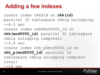 © 2015 Pythian – Presentation for DOAG
Adding a few indexes
74
create index ckk$id on ckk(id)
parallel 32 tablespace ckbig nologging;
--6.5 sec
create index ckk$mod5000_id on
ckk(mod5000_id) parallel 32 tablespace
ckbig nologging compress;
--5.8 sec
create index ckk_p$mod5000_id on
ckk_p(mod5000_id) parallel 32
tablespace ckbig nologging compress
local;
--16 sec
 