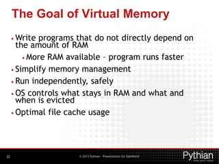 The Goal of Virtual Memory
• Write

programs that do not directly depend on
the amount of RAM
• More RAM available – progr...