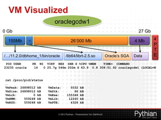 VM Visualized
oraclegcdw1
0 Gb
155Mb

27 Gb
26’000 Mb

12

/…/11.2.0/dbhome_1/bin/oracle
PID USER
23235 oracle

/lib64/lib...