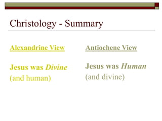 Christology - SummaryAntiochene ViewJesus was Human(and divine)Alexandrine ViewJesus was Divine(and human)