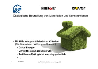 Ökologische Beurteilung von Materialien und Konstruktionen
    Aber wie…?
    • Mit Bauchgefühl?
    • Mit Umweltlabel?




    • Mit Hilfe von quantifizierbaren Kriterien!
                     q
      (Ökobilanzdaten / Wirkungsindikatoren)
        • Graue Energie
        • U
          Umweltbelastungspunkte UBP
                 ltb l t         kt
        • Treibhauseffekt (global warming potential)
        • …
5       25.10.2012        BAUTEILKATALOG.CH im Kontext Minergie ECO
 