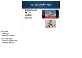 Réalité augmentée

Digitalisation
du réel
«Humanité
augmentée»
Applications
nombreuses




                             25
 
