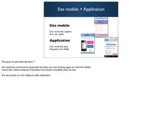 Site mobile + Application


Site mobile
Une recherche urgente
d’un non captif

Application
Une recherche plus
fréquente d’un ﬁdèle


                                    65
 