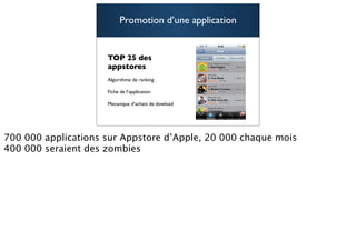 Promotion d’une application


TOP 25 des
appstores
Algorithme de ranking

Fiche de l’application

Mecanique d’achats de dowload



                                    83
 