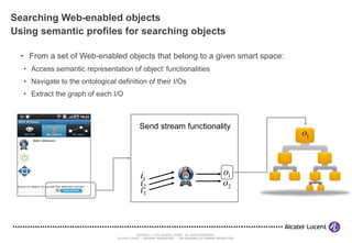 Searching Web-enabled objects Using semantic profiles for searching objects From a set of Web-enabled objects that belong to a given smart space:  Access semantic representation of object’ functionalities Navigate to the ontological definition of their I/Os Extract the graph of each I/O Send stream functionality 