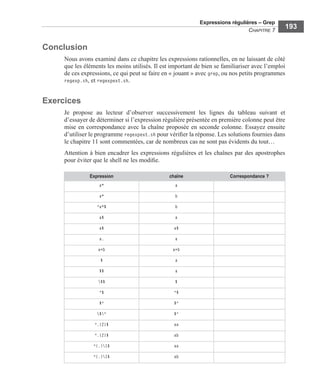 Expressions régulières – Grep
CHAPITRE 7
193
Conclusion
Nous avons examiné dans ce chapitre les expressions rationnelles, en ne laissant de côté
que les éléments les moins utilisés. Il est important de bien se familiariser avec l’emploi
de ces expressions, ce qui peut se faire en « jouant » avec grep, ou nos petits programmes
regexp.sh, et regexpext.sh.
Exercices
Je propose au lecteur d’observer successivement les lignes du tableau suivant et
d’essayer de déterminer si l’expression régulière présentée en première colonne peut être
mise en correspondance avec la chaîne proposée en seconde colonne. Essayez ensuite
d’utiliser le programme regexpext.sh pour vériﬁer la réponse. Les solutions fournies dans
le chapitre 11 sont commentées, car de nombreux cas ne sont pas évidents du tout…
Attention à bien encadrer les expressions régulières et les chaînes par des apostrophes
pour éviter que le shell ne les modiﬁe.
Expression chaîne Correspondance ?
a* a
a* b
^a*$ b
a$ a
a$ a$
a. a
a+b a+b
$ a
$$ a
$$ $
^$ ^$
$^ $^
$^ $^
^.{2}$ aa
^.{2}$ ab
^(.)1$ aa
^(.)1$ ab
 