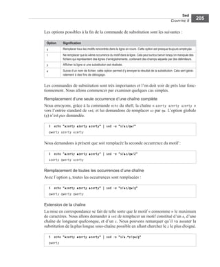 Sed
CHAPITRE 8
205
Les options possibles à la ﬁn de la commande de substitution sont les suivantes :
Les commandes de substitution sont très importantes et l’on doit voir de près leur fonc-
tionnement. Nous allons commencer par examiner quelques cas simples.
Remplacement d’une seule occurrence d’une chaîne complète
Nous envoyons, grâce à la commande echo du shell, la chaîne « azerty azerty azerty »
vers l’entrée standard de sed, et lui demandons de remplacer az par qw. L’option globale
(g) n’est pas demandée.
Nous demandons à présent que soit remplacée la seconde occurrence du motif :
Remplacement de toutes les occurrences d’une chaîne
Avec l’option g, toutes les occurrences sont remplacées :
Extension de la chaîne
La mise en correspondance se fait de telle sorte que le motif « consomme » le maximum
de caractères. Nous allons demander à sed de remplacer un motif constitué d’un a, d’une
chaîne de longueur quelconque, et d’un z. Nous pouvons remarquer qu’il va assurer la
substitution de la plus longue sous-chaîne possible en allant chercher le z le plus éloigné.
Option Signiﬁcation
g Remplacer tous les motifs rencontrés dans la ligne en cours. Cette option est presque toujours employée.
i Ne remplacer que la i-ième occurrence du motif dans la ligne.Cela peut surtout servir lorsqu’on manipule des
ﬁchiers qui représentent des lignes d’enregistrements, contenant des champs séparés par des délimiteurs.
p Afﬁcher la ligne si une substitution est réalisée.
w Suivie d’un nom de ﬁchier, cette option permet d’y envoyer le résultat de la substitution. Cela sert géné-
ralement à des ﬁns de débogage.
$ echo "azerty azerty azerty" | sed -e "s/az/qw/"
qwerty azerty azerty
$ echo "azerty azerty azerty" | sed -e "s/az/qw/2"
azerty qwerty azerty
$ echo "azerty azerty azerty" | sed -e "s/az/qw/g"
qwerty qwerty qwerty
$ echo "azerty azerty azerty" | sed -e "s/a.*z/qw/g"
qwerty
 