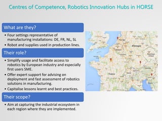 Centres of Competence, Robotics Innovation Hubs in HORSE
What are they?
• Four settings representative of
manufacturing installations: DE, FR, NL, SL
• Robot and supplies used in production lines.
Their role?
• Simplify usage and facilitate access to
robotics by European industry and especially
first users SME.
• Offer expert support for advising on
deployment and fast assessment of robotics
solutions in manufacturing.
• Capitalise lessons learnt and best practices.
Their scope?
• Aim at capturing the industrial ecosystem in
each region where they are implemented.
 
