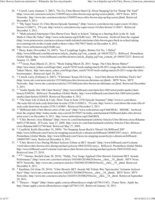 Chris Brown (American entertainer) - Wikipedia, the free encyclopedia         http://en.wikipedia.org/wiki/Chris_Brown_(American_entertainer)


           26. ^ Carroll, Larry (January 3, 2007). "Ne-Yo, Chris Brown Open Up About Stepping Up For 'Stomp The Yard'"
               (http://www.mtv.com/news/articles/1548995/neyo-chris-brown-step-up-big-screen.jhtml) . MTV News. MTV
               Networks. http://www.mtv.com/news/articles/1548995/neyo-chris-brown-step-up-big-screen.jhtml. Retrieved
               December 5, 2011.
           27. ^ "My Super Sweet 16: Chris Brown Episode Summary" (http://www.tv.com/shows/my-super-sweet-16/chris-
               brown-1118667/) . TV.com. http://www.tv.com/shows/my-super-sweet-16/chris-brown-1118667/. Retrieved
               December 5, 2011.
           28. ^ "Multi-talented Entertainer Chris Brown Goes 'Back to School,' Taking on a Starring Role in the St. Jude
               Math-A-Thon (R) Video" (http://www.webcitation.org/63foRCooe) . PR Newswire. Archived from the original
               (http://www.prnewswire.com/news-releases/multi-talented-entertainer-chris-brown-goes-back-to-school-taking-
               on-a-starring-role-in-the-st-jude-math-a-thon-r-video-58679657.html) on December 4, 2011.
               http://www.webcitation.org/63foRCooe.
           29. ^ Hasty, Katie (November 14, 2007). "Jay-Z Leapfrogs Eagles, Britney For No. 1 Debut"
               (http://www.billboard.com/bbcom/news/article_display.jsp?vnu_content_id=1003672227) . Billboard. Prometheus
               Global Media. http://www.billboard.com/bbcom/news/article_display.jsp?vnu_content_id=1003672227. Retrieved
               January 12, 2009.
           30. ^ a b Grein, Paul (March 23, 2011). "Week Ending March 20, 2011: Songs: The Chris Brown Matter"
               (http://new.music.yahoo.com/blogs/chart_watch/74345/week-ending-march-20-2011-songs-the-chris-brown-matter/) .
               Yahoo! Music. http://new.music.yahoo.com/blogs/chart_watch/74345/week-ending-march-20-2011-songs-the-chris-
               brown-matter/. Retrieved April 19, 2011.
           31. ^ Carroll, Larry (February 6, 2007). "'Christmas' Keeps On Giving — Join Chris Brown On Holiday Flick's Set"
               (http://www.mtv.com/news/articles/1551660/join-chris-brown-on-christmas-set.jhtml) . MTV News. MTV
               Networks. http://www.mtv.com/news/articles/1551660/join-chris-brown-on-christmas-set.jhtml. Retrieved December
               5, 2011.
           32. ^ "Jordin Sparks Hot 100 Chart History" (http://www.billboard.com/charts/hot-100#/artist/jordin-sparks/chart-
               history/838858) . Billboard. Prometheus Global Media. http://www.billboard.com/charts/hot-100#/artist/jordin-
               sparks/chart-history/838858. Retrieved December 4, 2011.
           33. ^ "The Suite Life of Zack & Cody: Doin' Time in Suite 2330 Episode Summary" (http://www.tv.com/shows
               /the-suite-life-of-zack-cody/doin-time-in-suite-2330-1143065/) . TV.com. http://www.tv.com/shows/the-suite-life-of-
               zack-cody/doin-time-in-suite-2330-1143065/. Retrieved December 5, 2011.
           34. ^ "Billboard dubs Chris Brown artist of the year" (http://www.webcitation.org/63fntOBVk) . MSNBC. Archived
               from the original (http://today.msnbc.msn.com/id/28195057/ns/today-entertainment/t/billboard-dubs-chris-brown-
               artist-year/) on December 4, 2011. http://www.webcitation.org/63fntOBVk.
           35. ^ "Chris Brown's close Rihanna" (http://www.itv.com/Entertainment/celebrity/Articles/Chris-Browns-close-Rihanna-
               860312740.html) . ITV.com. June 27, 2008. http://www.itv.com/Entertainment/celebrity/Articles/Chris-Browns-
               close-Rihanna-860312740.html. Retrieved May 27, 2009.
           36. ^ Caulfield, Keith (December 16, 2009). "No Stopping Susan Boyle's 'Dream' On Billboard 200"
               (http://www.billboard.com/#/news/no-stopping-susan-boyle-s-dream-on-billboard-1004053987.story) . Billboard.
               Prometheus Global Media. http://www.billboard.com/#/news/no-stopping-susan-boyle-s-dream-on-billboard-
               1004053987.story. Retrieved December 4, 2011.
           37. ^ "Chris Brown Cries During Michael Jackson Tribute at BET Awards" (http://www.billboard.com/#/column
               /viralvideos/chris-brown-cries-during-michael-jackson-1004101020.story) . Billboard. Prometheus Global Media.
               http://www.billboard.com/#/column/viralvideos/chris-brown-cries-during-michael-jackson-1004101020.story.
               Retrieved June 27, 2010.
           38. ^ a b c Thomas, Rochell (June 28, 2010). "Diddy, Trey Songz Applaud Chris Brown's Emotional BET Awards
               Performance" (http://www.mtv.com/news/articles/1642480/20100628/brown__chris__18_.jhtml) . MTV News.
               MTV Networks. http://www.mtv.com/news/articles/1642480/20100628/brown__chris__18_.jhtml. Retrieved
               December 4, 2011.
           39. ^ Kaufman, Gil (June 29, 2010). "Chris Brown's BET Awards MJ Tribute Was 'Spectacular,' Jermaine Jackson
               Says" (http://www.mtv.com/news/articles/1642655/20100629/brown__chris__18_.jhtml) . MTV News. MTV
               Networks. http://www.mtv.com/news/articles/1642655/20100629/brown__chris__18_.jhtml. Retrieved September
               20, 2011.
           40. ^ "Deuces – Single" (http://itunes.apple.com/us/album/deuces-single/id378611185) . iTunes Store. Apple Inc.
               http://itunes.apple.com/us/album/deuces-single/id378611185. Retrieved January 14, 2011.



11 of 17                                                                                                                 10/14/2012 4:11 PM
 
