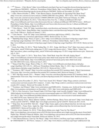 Chris Brown (American entertainer) - Wikipedia, the free encyclopedia         http://en.wikipedia.org/wiki/Chris_Brown_(American_entertainer)


           41. ^ a b "Deuces – Chris Brown" (http://www.billboard.com/charts?tag=nav#/song/chris-brown-featuring-tyga-kevin-
               mccall/deuces/20820042) . Billboard. Prometheus Global Media. http://www.billboard.com/charts?tag=nav#
               /song/chris-brown-featuring-tyga-kevin-mccall/deuces/20820042. Retrieved November 20, 2010.
           42. ^ Adler, Shawn (October 2, 2008). "Chris Brown Dances Around Bullets In Upcoming Film 'Bone Deep'"
               (http://www.mtv.com/movies/news/articles/1596085/20081001/story.jhtml) . MTV News. MTV Networks.
               http://www.mtv.com/movies/news/articles/1596085/20081001/story.jhtml. Retrieved February 10, 2009.
           43. ^ Caulfield, Keith (March 30, 2011). "Chris Brown Nets First No. 1 Album on Billboard 200 Chart"
               (http://www.billboard.com/#/news/chris-brown-nets-first-no-1-album-on-billboard-1005100762.story) . Billboard.
               Prometheus Global Media. http://www.billboard.com/#/news/chris-brown-nets-first-no-1-album-on-billboard-
               1005100762.story. Retrieved March 30, 2011.
           44. ^ "Chris Brown – Yeah 3X" (http://australian-charts.com/showitem.asp?interpret=Chris+Brown&titel=Yeah+3X&
               cat=s) . ARIA Charts. Hung Medien. http://australian-charts.com/showitem.asp?interpret=Chris+Brown&
               titel=Yeah+3X&cat=s. Retrieved January 2, 2011.
           45. ^ "Chris Brown – Yeah 3X" (http://www.chartstats.com/release.php?release=49892) . Chart Stats.
               http://www.chartstats.com/release.php?release=49892. Retrieved July 18, 2011.
           46. ^ "R&B/Hip-Hop Songs: Week of April 2, 2011" (http://www.billboard.com/charts/r-b-hip-hop-songs#/charts
               /r-b-hip-hop-songs?chartDate=2011-04-02) . Billboard. Prometheus Global Media. April 2, 2011.
               http://www.billboard.com/charts/r-b-hip-hop-songs#/charts/r-b-hip-hop-songs?chartDate=2011-04-02. Retrieved July
               8, 2011.
           47. ^ Grein, Paul (May 18, 2011). "Week Ending May 15, 2011. Songs: Idol Bossts Tyler" (http://new.music.yahoo.com
               /blogs/chart_watch/74366/week-ending-may-15-2011-songs-idol-boosts-tyler/) . Yahoo! Music. Yahoo! Inc..
               http://new.music.yahoo.com/blogs/chart_watch/74366/week-ending-may-15-2011-songs-idol-boosts-tyler/. Retrieved
               July 8, 2011.
           48. ^ Trust, Gary (April 13, 2011). "Katy Perry Takes Third Week Atop Hot 100 with Airplay Boost"
               (http://www.billboard.com/news#/news/katy-perry-takes-third-week-atop-hot-100-1005132412.story) . Billboard.
               Prometheus Global Media. http://www.billboard.com/news#/news/katy-perry-takes-third-week-atop-
               hot-100-1005132412.story. Retrieved July 8, 2011.
           49. ^ "Dance/Club Play Songs: Week of May 21, 2011" (http://www.billboard.com/charts/dance-club-play-
               songs?chartDate=2011-05-21) . Billboard. Prometheus Global Media. May 21, 2011. http://www.billboard.com
               /charts/dance-club-play-songs?chartDate=2011-05-21. Retrieved July 2, 2011.
           50. ^ "Nominees | BET Awards" (http://www.bet.com/shows/bet-awards/2011/nominees.html) . Black Entertainment
               Television. http://www.bet.com/shows/bet-awards/2011/nominees.html. Retrieved January 2, 2012.
           51. ^ "BET Hip Hop Awards 2011 – Winners" (http://www.bet.com/shows/hip-hop-awards/2011/nominees.html) . Black
               Entertainment Television. http://www.bet.com/shows/hip-hop-awards/2011/nominees.html. Retrieved January 2,
               2012.
           52. ^ Joseph, Justin (November 27, 2011). "Soul Train Award 2011 Winners" (http://blogs.centrictv.com/music
               /soulsessions/soul-train-awards-2011-winners/) . Centric. http://blogs.centrictv.com/music/soulsessions/soul-train-
               awards-2011-winners/. Retrieved November 28, 2011.
           53. ^ "Nominees And Winners" (http://www.webcitation.org/63bRXv6ZA) . Grammy.com. Archived from the original
               (http://www.grammy.com/nominees) on December 1, 2011. http://www.webcitation.org/63bRXv6ZA.
           54. ^ "RCA's New Executive Team Named Under CEO Peter Edge Amid Layoffs (Update)" (http://www.billboard.biz
               /bbbiz/industry/record-labels/rca-s-new-executive-team-named-under-ceo-1005324782.story) . Billboard.biz.
               2011-08-23. http://www.billboard.biz/bbbiz/industry/record-labels/rca-s-new-executive-team-named-under-
               ceo-1005324782.story. Retrieved 2011-10-30.
           55. ^ "Radio Industry News, Music Industry Updates, Arbitron Ratings, Music News and more!" (http://www.fmqb.com
               /article.asp?id=2268707) . FMQB. http://www.fmqb.com/article.asp?id=2268707. Retrieved 2011-10-30.
           56. ^ "Strip (feat. Kevin K-MAC McCall) – Single" (http://itunes.apple.com/us/album/strip-feat.-kevin-k-mac-mccall
               /id480304455) . iTunes Store. Apple Inc. http://itunes.apple.com/us/album/strip-feat.-kevin-k-mac-mccall
               /id480304455. Retrieved November 24, 2011.
           57. ^ Corner, Lewis (January 26, 2012). "Chris Brown debuts new single 'Turn Up The Music'"
               (http://www.digitalspy.com.au/music/news/a362258/chris-brown-debuts-new-single-turn-up-the-music-listen.html) .
               Digital Spy. Hachette Filipacchi Médias. http://www.digitalspy.com.au/music/news/a362258/chris-brown-debuts-
               new-single-turn-up-the-music-listen.html. Retrieved January 28, 2012.
           58. ^ "Chris Brown Releases 'Turn Up The Music'" (http://www.rttnews.com/Story.aspx?type=ent&Section=2&
               Id=1806856&SM=1) . RTTNews. January 27, 2012. http://www.rttnews.com/Story.aspx?type=ent&Section=2&


12 of 17                                                                                                                 10/14/2012 4:11 PM
 
