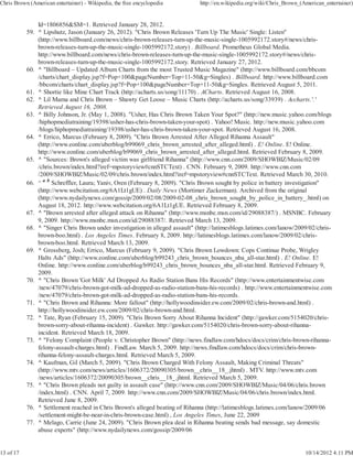 Chris Brown (American entertainer) - Wikipedia, the free encyclopedia         http://en.wikipedia.org/wiki/Chris_Brown_(American_entertainer)


               Id=1806856&SM=1. Retrieved January 28, 2012.
           59. ^ Lipshutz, Jason (January 26, 2012). "Chris Brown Releases 'Turn Up The Music' Single: Listen"
               (http://www.billboard.com/news/chris-brown-releases-turn-up-the-music-single-1005992172.story#/news/chris-
               brown-releases-turn-up-the-music-single-1005992172.story) . Billboard. Prometheus Global Media.
               http://www.billboard.com/news/chris-brown-releases-turn-up-the-music-single-1005992172.story#/news/chris-
               brown-releases-turn-up-the-music-single-1005992172.story. Retrieved January 27, 2012.
           60. ^ "Billboard – Updated Album Charts from the most Trusted Music Magazine" (http://www.billboard.com/bbcom
               /charts/chart_display.jsp?f=Pop+100&pageNumber=Top+11-50&g=Singles) . Billboard. http://www.billboard.com
               /bbcom/charts/chart_display.jsp?f=Pop+100&pageNumber=Top+11-50&g=Singles. Retrieved August 5, 2011.
           61. ^ Shortie like Mine Chart Track (http://acharts.us/song/11170) . ACharts. Retrieved August 16, 2008.
           62. ^ Lil Mama and Chris Brown – Shawty Get Loose – Music Charts (http://acharts.us/song/33939) . Accharts.'.'
               Retrieved August 16, 2008.
           63. ^ Billy Johnson, Jr. (May 1, 2008). "Usher, Has Chris Brown Taken Your Spot?" (http://new.music.yahoo.com/blogs
               /hiphopmediatraining/19398/usher-has-chris-brown-taken-your-spot) . Yahoo! Music. http://new.music.yahoo.com
               /blogs/hiphopmediatraining/19398/usher-has-chris-brown-taken-your-spot. Retrieved August 16, 2008.
           64. ^ Errico, Marcus (February 8, 2009). "Chris Brown Arrested After Alleged Rihanna Assault"
               (http://www.eonline.com/uberblog/b99069_chris_brown_arrested_after_alleged.html) . E! Online. E! Online.
               http://www.eonline.com/uberblog/b99069_chris_brown_arrested_after_alleged.html. Retrieved February 8, 2009.
           65. ^ "Sources: Brown's alleged victim was girlfriend Rihanna" (http://www.cnn.com/2009/SHOWBIZ/Music/02/09
               /chris.brown/index.html?iref=mpstoryview#cnnSTCText) . CNN. February 9, 2009. http://www.cnn.com
               /2009/SHOWBIZ/Music/02/09/chris.brown/index.html?iref=mpstoryview#cnnSTCText. Retrieved March 30, 2010.
           66. ^ a b Schreffler, Laura; Yaniv, Oren (February 8, 2009). "Chris Brown sought by police in battery investigation"
               (http://www.webcitation.org/6A1Lt1gUE) . Daily News (Mortimer Zuckerman). Archived from the original
               (http://www.nydailynews.com/gossip/2009/02/08/2009-02-08_chris_brown_sought_by_police_in_battery_.html) on
               August 18, 2012. http://www.webcitation.org/6A1Lt1gUE. Retrieved February 8, 2009.
           67. ^ "Brown arrested after alleged attack on Rihanna" (http://www.msnbc.msn.com/id/29088387/) . MSNBC. February
               9, 2009. http://www.msnbc.msn.com/id/29088387/. Retrieved March 13, 2009.
           68. ^ "Singer Chris Brown under investigation in alleged assault" (http://latimesblogs.latimes.com/lanow/2009/02/chris-
               brown-boo.html) . Los Angeles Times. February 8, 2009. http://latimesblogs.latimes.com/lanow/2009/02/chris-
               brown-boo.html. Retrieved March 13, 2009.
           69. ^ Grossberg, Josh; Errico, Marcus (February 9, 2009). "Chris Brown Lowdown: Cops Continue Probe, Wrigley
               Halts Ads" (http://www.eonline.com/uberblog/b99243_chris_brown_bounces_nba_all-star.html) . E! Online. E!
               Online. http://www.eonline.com/uberblog/b99243_chris_brown_bounces_nba_all-star.html. Retrieved February 9,
               2009.
           70. ^ "Chris Brown 'Got Milk' Ad Dropped As Radio Station Bans His Records" (http://www.entertainmentwise.com
               /new/47079/chris-brown-got-milk-ad-dropped-as-radio-station-bans-his-records) . http://www.entertainmentwise.com
               /new/47079/chris-brown-got-milk-ad-dropped-as-radio-station-bans-his-records.
           71. ^ "Chris Brown and Rihanna: More fallout" (http://hollywoodinsider.ew.com/2009/02/chris-brown-and.html) .
               http://hollywoodinsider.ew.com/2009/02/chris-brown-and.html.
           72. ^ Tate, Ryan (February 15, 2009). "Chris Brown Sorry About Rihanna Incident" (http://gawker.com/5154020/chris-
               brown-sorry-about-rihanna-incident) . Gawker. http://gawker.com/5154020/chris-brown-sorry-about-rihanna-
               incident. Retrieved March 18, 2009.
           73. ^ "Felony Complaint (People v. Christopher Brown" (http://news.findlaw.com/hdocs/docs/crim/chris-brown-rihanna-
               felony-assault-charges.html) . FindLaw. March 5, 2009. http://news.findlaw.com/hdocs/docs/crim/chris-brown-
               rihanna-felony-assault-charges.html. Retrieved March 5, 2009.
           74. ^ Kaufman, Gil (March 5, 2009). "Chris Brown Charged With Felony Assault, Making Criminal Threats"
               (http://www.mtv.com/news/articles/1606372/20090305/brown__chris__18_.jhtml) . MTV. http://www.mtv.com
               /news/articles/1606372/20090305/brown__chris__18_.jhtml. Retrieved March 5, 2009.
           75. ^ "Chris Brown pleads not guilty in assault case" (http://www.cnn.com/2009/SHOWBIZ/Music/04/06/chris.brown
               /index.html) . CNN. April 7, 2009. http://www.cnn.com/2009/SHOWBIZ/Music/04/06/chris.brown/index.html.
               Retrieved June 8, 2009.
           76. ^ Settlement reached in Chris Brown's alleged beating of Rihanna (http://latimesblogs.latimes.com/lanow/2009/06
               /settlement-might-be-near-in-chris-brown-case.html) , Los Angeles Times, June 22, 2009
           77. ^ Melago, Carrie (June 24, 2009). "Chris Brown plea deal in Rihanna beating sends bad message, say domestic
               abuse experts" (http://www.nydailynews.com/gossip/2009/06


13 of 17                                                                                                                 10/14/2012 4:11 PM
 