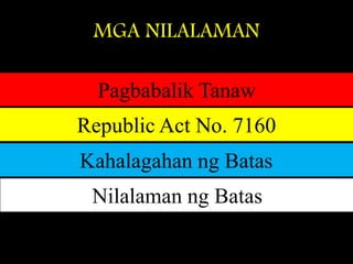 MGA NILALAMAN
Pagbabalik Tanaw
Republic Act No. 7160
Kahalagahan ng Batas
Nilalaman ng Batas
 