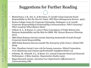 Suggestions for Further Reading

   Bhattacharya, C.B., Sen, S., & Korschun, D. (2008) Using Corporate Social
    Responsibility to Win the War for Talent. MIT Sloan Management Review. 49(2).
   Boston College Center for Corporate Citizenship, NetImpact, et al. (2008)
    Corporate Responsibility & Sustainability Communications: Who’s Listening?
    Who’s Leading? What Matters Most?
   Colbert, B. A., & Kurucz, E. (2007) Three Conceptions of Triple Bottom Line
    Business Sustainability and the Role for HRM. HR. Human Resource Planning
    30(1).
   IBM Global Business Services (2009) Attaining Sustainable Growth through
    Corporate Social Responsibility
   IBM Global Business Services (2008) The Enterprise of the Future: Global CEO
    Study
   Nair, Chandran (2009) A new role for human resources. Ethical Corporation.
    www.ethicalcorp.com/content.asp?ContentID=6559&newsletter=24
   Orliztsky, M., Schmidt, F.L., & Rynes, S.L. (2009) Corporate Social and Financial
    Performance: A Meta Analysis. Organization Studies 24(3).
   Ragan Research (2009). Assessing Your Department’s Effectiveness in
    Communicating CSR.
 