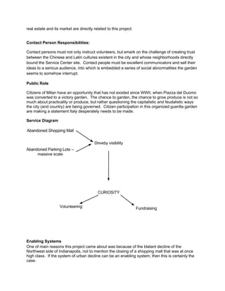 real estate and its market are directly related to this project.


Contact Person Responsibilities:

Contact persons must not only instruct volunteers, but emark on the challenge of creating trust
between the Chinese and Latin cultures existent in the city and whose neighborhoods directly
bound the Service Center site. Contact people must be excellent communicators and sell their
ideas to a serious audience, into which is embedded a series of social abnormalities the garden
seems to somehow interrupt.

Public Role

Citizens of Milan have an opportunity that has not existed since WWII, when Piazza del Duomo
was converted to a victory garden. The chance to garden, the chance to grow produce is not so
much about practicality or produce, but rather questioning the capitalistic and feudalistic ways
the city (and country) are being governed. Citizen participation in this organized guerilla garden
are making a statement Italy desperately needs to be made.

Service Diagram




Enabling Systems
One of main reasons this project came about was because of the blatant decline of the
Northwest side of Indianapolis, not to mention the closing of a shopping mall that was at once
high class. If the system of urban decline can be an enabling system, then this is certainly the
case.
 