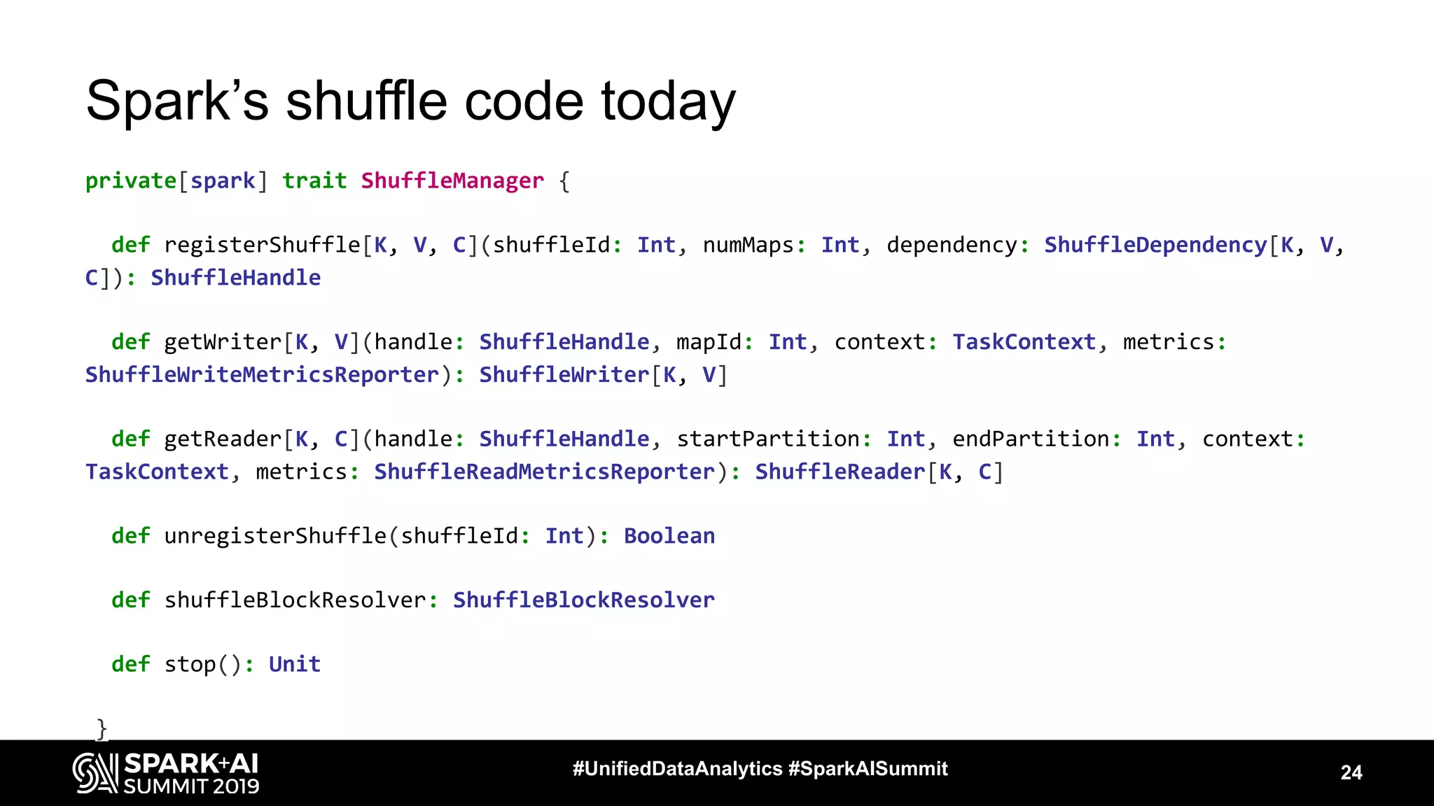 Spark’s shuffle code today
private[spark] trait ShuffleManager {
def registerShuffle[K, V, C](shuffleId: Int, numMaps: Int, dependency: ShuffleDependency[K, V,
C]): ShuffleHandle
def getWriter[K, V](handle: ShuffleHandle, mapId: Int, context: TaskContext, metrics:
ShuffleWriteMetricsReporter): ShuffleWriter[K, V]
def getReader[K, C](handle: ShuffleHandle, startPartition: Int, endPartition: Int, context:
TaskContext, metrics: ShuffleReadMetricsReporter): ShuffleReader[K, C]
def unregisterShuffle(shuffleId: Int): Boolean
def shuffleBlockResolver: ShuffleBlockResolver
def stop(): Unit
}
24#UnifiedDataAnalytics #SparkAISummit
 