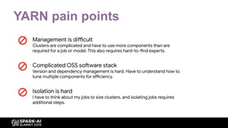 YARN pain points
Management is difficult
Clusters are complicated and have to use more components than are
required for a job or model. This also requires hard-to-find experts.
Complicated OSS software stack
Version and dependency management is hard. Have to understand how to
tune multiple components for efficiency.
Isolation is hard
I have to think about my jobs to size clusters, and isolating jobs requires
additional steps.
 
