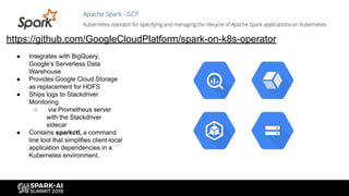 ● Integrates with BigQuery,
Google’s Serverless Data
Warehouse
● Provides Google Cloud Storage
as replacement for HDFS
● Ships logs to Stackdriver
Monitoring
○ via Prometheus server
with the Stackdriver
sidecar
● Contains sparkctl, a command
line tool that simplifies client-local
application dependencies in a
Kubernetes environment.
https://github.com/GoogleCloudPlatform/spark-on-k8s-operator
 
