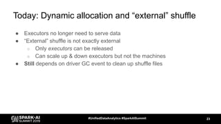 Today: Dynamic allocation and “external” shuffle
● Executors no longer need to serve data
● “External” shuffle is not exactly external
○ Only executors can be released
○ Can scale up & down executors but not the machines
● Still depends on driver GC event to clean up shuffle files
23#UnifiedDataAnalytics #SparkAISummit
 