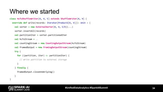 Where we started
class HcfsShuffleWriter[K, V, C] extends ShuffleWriter[K, V] {
override def write(records: Iterator[Product2[K, V]]): Unit = {
val sorter = new ExternalSorter[K, V, C/V](...)
sorter.insertAll(records)
val partitionIter = sorter.partitionedIter
val hcfsStream = …
val countingStream = new CountingOutputStream(hcfsStream)
val framedOutput = new FramingOutputStream(countingStream)
try {
for ((partition, iter) <- partitionIter) {
// Write partition to external storage
}
} finally {
framedOutput.closeUnderlying()
}
}
34#UnifiedDataAnalytics #SparkAISummit
 