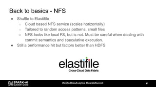 Back to basics - NFS
● Shuffle to Elastifile
○ Cloud based NFS service (scales horizontally)
○ Tailored to random access patterns, small files
○ NFS looks like local FS, but is not. Must be careful when dealing with
commit semantics and speculative execution.
● Still a performance hit but factors better than HDFS
41#UnifiedDataAnalytics #SparkAISummit
 