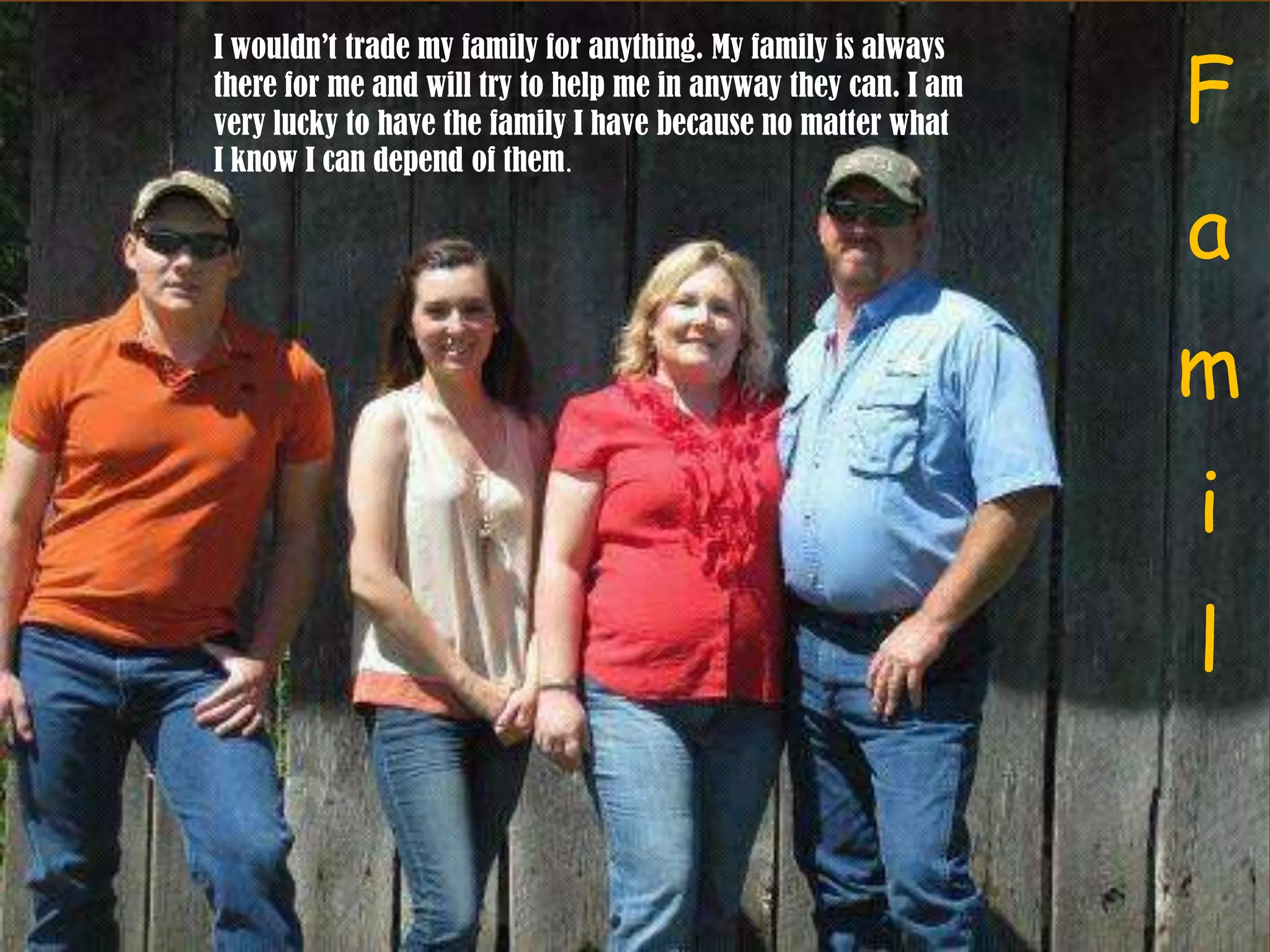 
I wouldn’t trade my family for anything. My family is always
there for me and will try to help me in anyway they can. I am
very lucky to have the family I have because no matter what
I know I can depend of them.
F
a
m
i
l
 